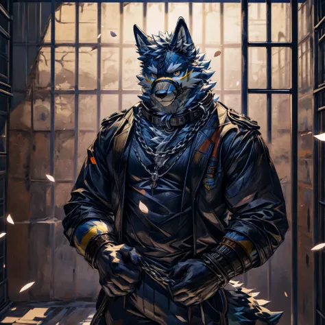 masterpiece,High quality,furry,one man,(wolf),blue&yellow fur,tied to my body with a chain,muzzle,collar,Wounds on the whole body,Upper body naked,wound on the eyelid,prison,Chain both hands with chains,perfect background