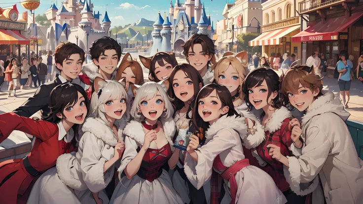 top quality, best quality, High-quality illustrations, masterpiece, super high resolution, detailed background, detailed background, An amusement park, Disneyland, group shot:0.5, 6+boys, 6+girls, Happy, joyful, absurdres(highly detailed beautiful face and...