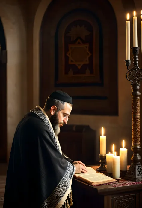 a jewish man praying,traditional jewish prayer shawl, synagogue interior, candles, detailed religious artifacts, high quality, p...