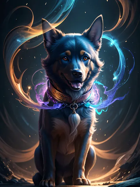 a painting of a colorful dog on a black background, breathtaking rendering, within a radiant connection, inspired by Kinuko Y. Craft,, magical elements, wow, is beautiful, casting a multi colorful spell, bright flash, flash