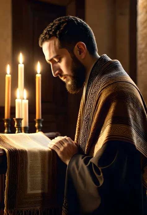 a jewish man praying,traditional jewish prayer shawl, synagogue interior, candles, detailed religious artifacts, high quality, p...