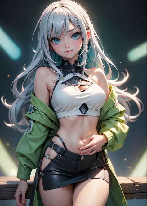 (masterpiece, highest quality, highest quality, Official Art, beautifully、aesthetic:1.2),Cowboy Shot、 (Cyberpunk fashion girl 1)、Smiling Girl、Big light blue eyes、Beautiful belly、（Long silver hair with bangs）、Green neon color、Very detailed,(Fractal Art:1.3)...