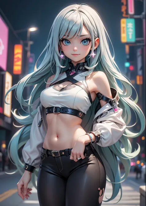 (masterpiece, highest quality, highest quality, Official Art, beautifully、aesthetic:1.2),Cowboy Shot、 (Cyberpunk fashion girl 1)、Smiling Girl、Big light blue eyes、Beautiful belly、（Long silver hair with bangs）、Green neon color、Very detailed,(Fractal Art:1.3)...