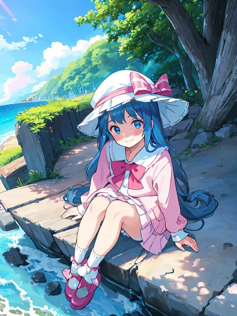 1. Little Girl，Long hair，Pink pleated skirt，Hat with a bow，Positive face，Bangs，Blue eyes，Blue Hair，curls，summer，Beach，seaside，Smile，Sitting，White socks，Mary Jane shoes