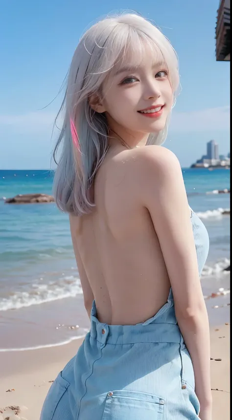 Best image quality、RAW Photos、超A high resolution、21 years old Korean、Small breasts、Dynamic Angle、Cowboy Shot、Chaos in its most beautiful form、elegant、Brutalist Design、Vibrant colors、Beautiful white hair、Short Bob、smile、fun、smile、Glowing White Skin、Beautifu...