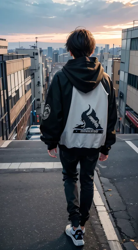 1boy, Kazutora Hanemiya from Tokyo Revengers, wearing hoodie with tokyo text image, Kazutora Hanemiya hairstyle, stand alone, hoodie detailed, overlooking to streets, from back, back view, 8k, ultra hd, ultra detailed, masterpiece.