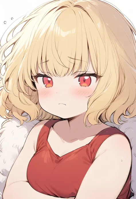 fat girl、blonde、bob cut hair、fluffy hair、permed hair、red eyes、sleepy face、red tank top