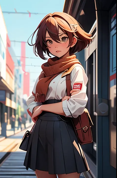 anime girl aux cheveux longs marchant sur un quai de train, style de collection kantai, canon à rail, konpeki pas de kantai, arcade de collection kantai, Kancolle, In the style of Makoto Shinkai, animated visual&#39;une jolie fille, style artistique makoto...