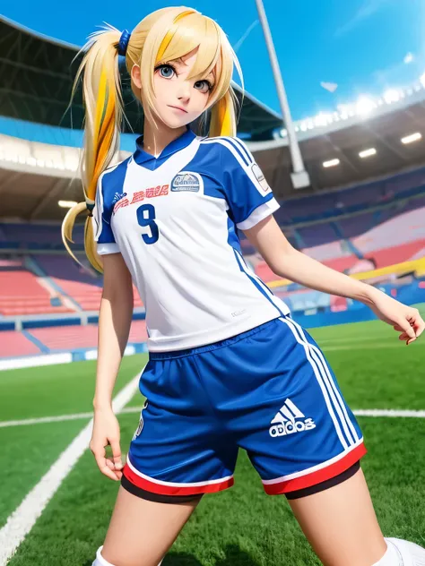 This image depicts a female anime character with long, multicolored red and yellow hair styled in twin tails. She has intense blue eyes and a determined expression. She is wearing a blue and white soccer uniform with the Adidas logo, including shorts, jers...