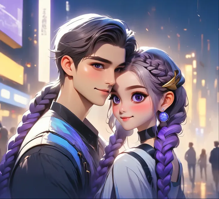 1 boy,Girl with purple and white gradient double braids,romantic couple,Smiling Face,as thick as thieves,Background blur,high quality,Artistic sense,cinematic atmosphere,Luxury lighting