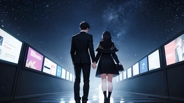 ( Cyberspace_background ), 15 years old、Male and female couple、Holding hands、Back view、The girl is wearing a high  blazer、Skirt 10cm above the knee、The man is wearing black plain clothes、The color of the shoes is black、whole body、Detailed facial expression...