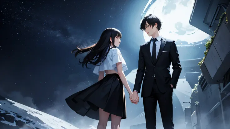 ( Cyberspace_background ), 15 years old、Male and female couple、Holding hands、Back view、The girl is wearing a high  blazer、Skirt 10cm above the knee、The man is wearing black plain clothes、The color of the shoes is black、whole body、Detailed facial expression...