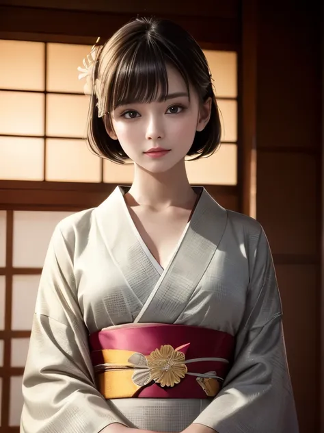 highest quality,masterpiece,highest resolution:1.2,realistic:1.5、 one girl,kimono beauty、beautiful and perfect face,bobcut,reali...