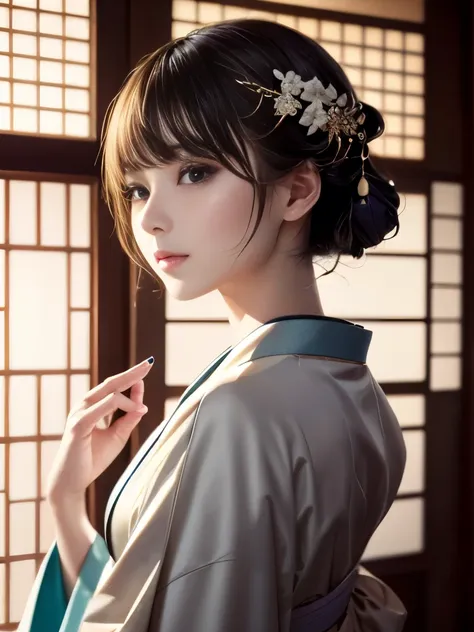 highest quality,masterpiece,highest resolution:1.2,realistic:1.5、 one girl,kimono beauty、beautiful and perfect face,bobcut,reali...