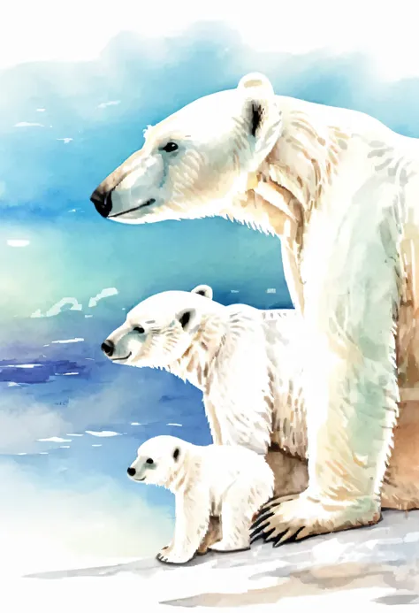 polar bear family、arctic ice、very beautiful snow field、it reflects the sunlight and shines brightly、nature、feel the harshness of...