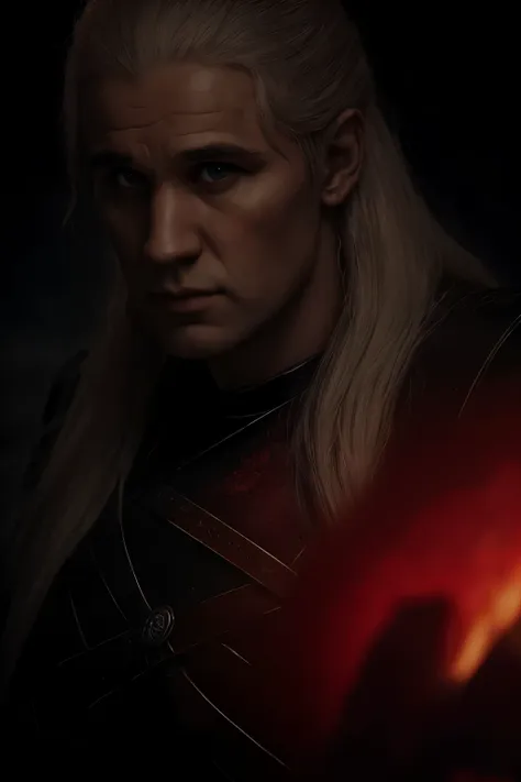 upic cinematic poster of daemon targaryen, male, silver long hair, strong jaw, concentrated eyes, crimson, ((magical falmes in b...