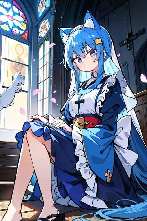 (masterpiece:1.2),Extremely detailed,Practical,expressive eyes,Fair skin,Perfect face shaping,1 Girl,
Japanese cartoons,Gorgeous blue hair, the long flowing blue hair,Floating clothes,Cat ears,Petals fall,beautiful lola,Young Angel,
Place your hands on you...