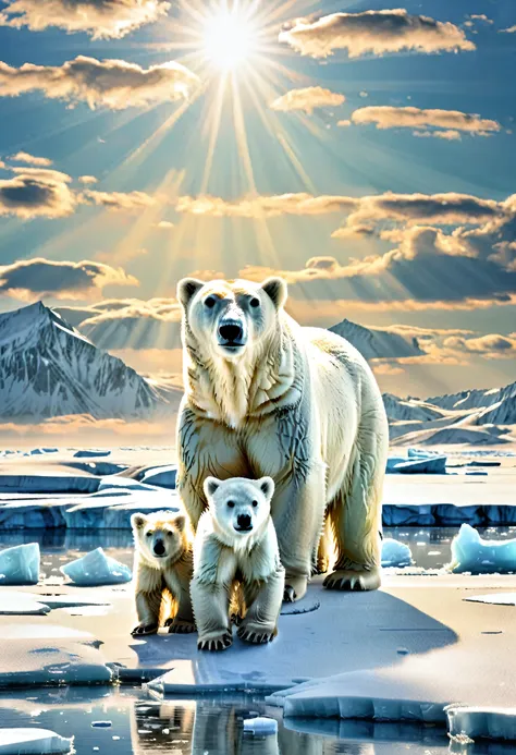 polar bear family、arctic ice、very beautiful snow field、it reflects the sunlight and shines brightly、nature、feel the harshness of...