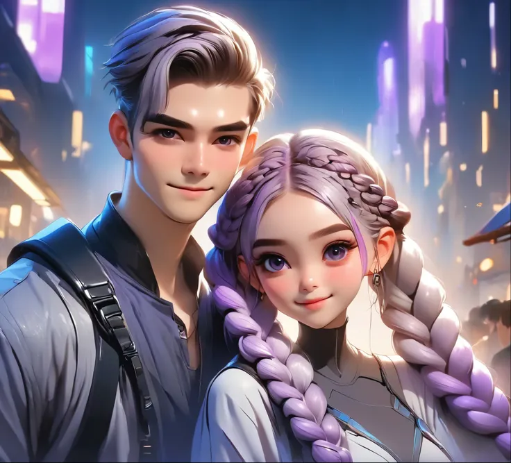 1 boy,girl with purple and white gradient double braids,romantic couple,smiling face,as thick as thieves,background blur,high qu...