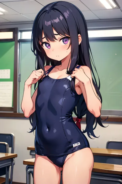 Elementary school girl, 8 years old, flat chest, black hair, long hair, purple eyes　Embarrassed look （one person） 　Navy blue old school swimsuit　School classroom　Dynamic Ang standing at the podium