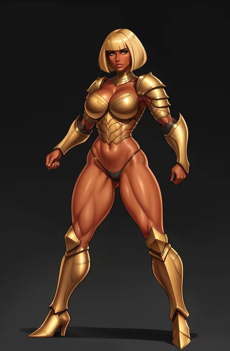 bronze skin, tanned, gorgeous woman, full body shot, muscular, blank background, black background, blonde, heavy armour, bobcut