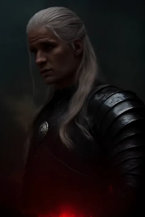 upic cinematic poster of daemon targaryen, male, silver long hair, strong jaw, concentrated eyes, crimson, ((magical falmes in b...