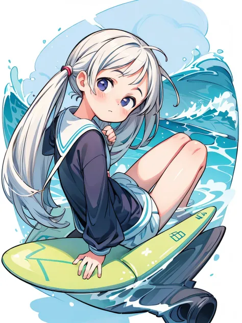 (masterpiece、highest quality、highest quality、Official Art、Beautiful and beautiful:1.2)、(One girl:1.3)Hatsune Miku、Twin tails,Big Breasts,Stickers,Anime girl surfing in the ocean on a surfboard, Long, overlapping silvery-white hair,Light purple eyes，Express...