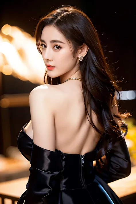 Ultra HD resolution，artistic photos，Photography，21year girl,earrings,long hair,Black background,Black backless dress,necklace,cowboy shot,H cup，Showing cleavage，Expose more breasts，Amazing breast size，Erect nipples，Expose the areola，Bigger breasts，Smooth a...