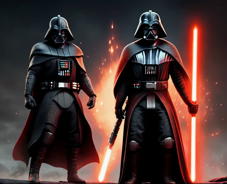 Criar um jedai com uma roupa preta,with characteristics of a villain with a look of hatred and revenge,in an apocalyptic setting in the style of the Star Wars vibe,with a red lightsaber in front of his face representing the force of evil, with Darth vader ...