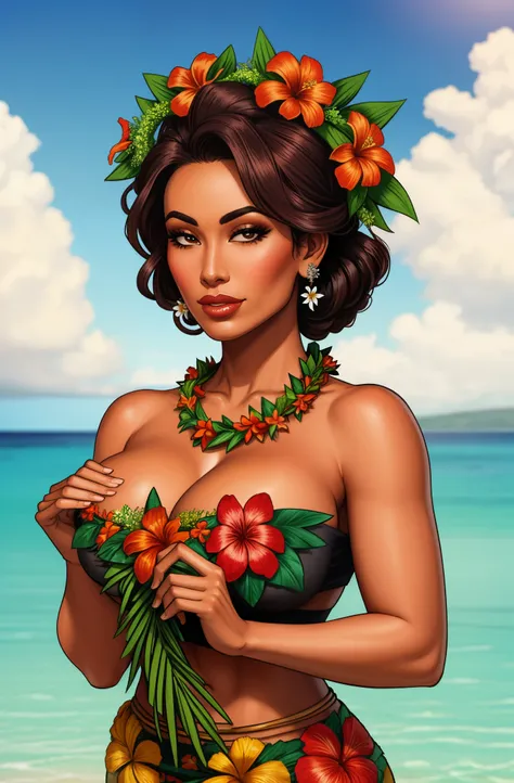 Hawaiian woman wearing a wreath of flowers