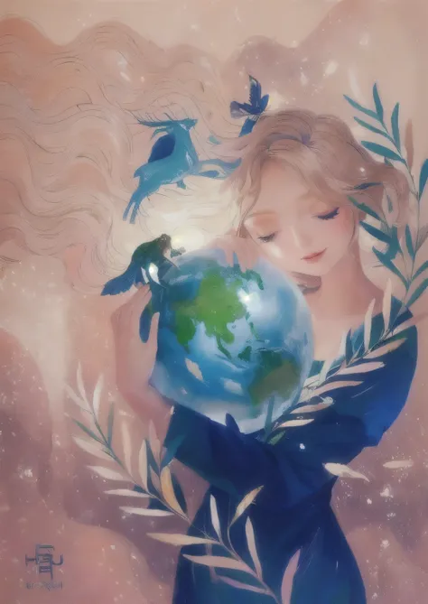 a painting of a woman holding a globe with a horse on it, mother earth, earth goddess mythology, gently caressing earth, with earth, holding the earth, full figured mother earth, holding a planet, mother nature, goddess of nature, jen bartel, goddess of lo...