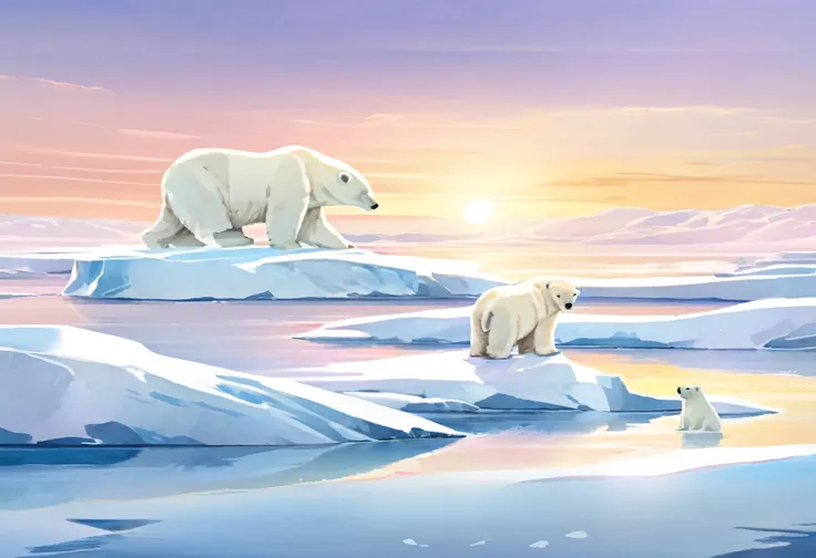 a very small illustration of a mother and  polar bear、arctic ice、very beautiful snow field、it reflects the sunlight and shines b...