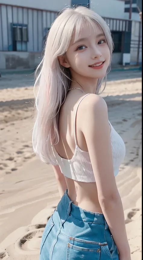 Best image quality、RAW Photos、超A high resolution、21 years old Korean、Small breasts、Dynamic Angle、Cowboy Shot、Chaos in its most beautiful form、elegant、Brutalist Design、Vibrant colors、Beautiful white hair、Short Bob、smile、fun、smile、Glowing White Skin、Beautifu...