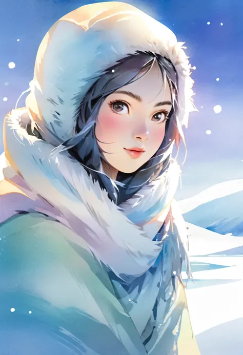 eskimo girl、arctic ice、very beautiful snow field、it reflects the sunlight and shines brightly、nature、feel the harshness of natur...