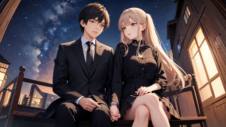 masterpiece, highest quality, Super detailed, Beautiful illustrations、15 years old、Male and female couple、Holding hands、Back view、The girl is wearing a high  blazer、Skirt 10cm above the knee、The man is wearing black plain clothes、The color of the shoes is ...