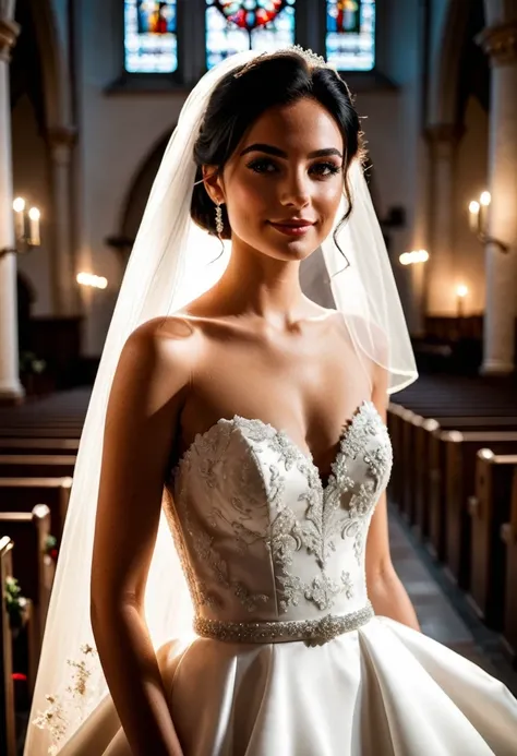 photo, young adult woman in a church, (smile:0.3), white wedding dress, on her wedding day, Italian, black hair, newly wed, beautiful, gorgeous, model, ominous cool lighting