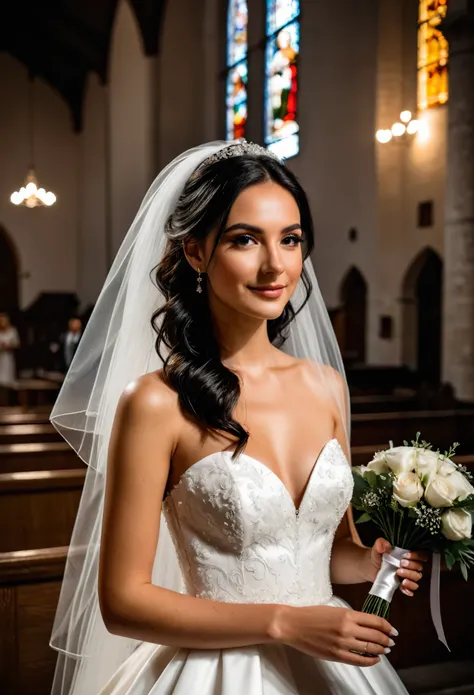 photo, young adult woman in a church, (smile:0.3), white wedding dress, on her wedding day, Italian, black hair, newly wed, beautiful, gorgeous, model, ominous cool lighting