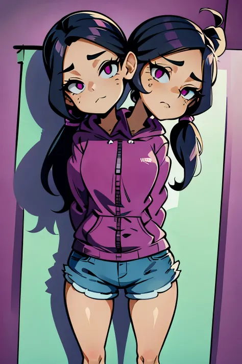conjoined, 2heads, girl with two heads instead of one, 2head, cuerpo curvilineo, brazos curvilineos, usando shorts, ropa abrigada, piernas curvilineas, anime cartoon, using a purple hoodie, each head has a ponytail