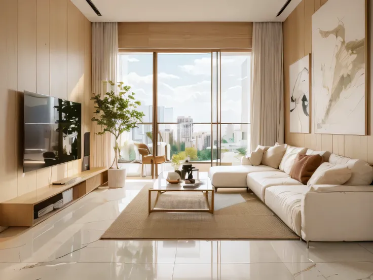 A luxurious living room welcomes you as you step inside, with its spacious and bright floor-to-ceiling glass windows. Through the windows, a lush green courtyard greets your eyes, with flowers and trees swaying gently in the breeze. The entire space is ado...