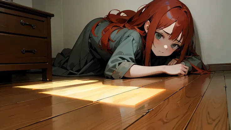 Anime bedroom, childrens, female, dark, gray, gloomy landscape, worn furniture, colorless walls, wooden floor, girl on the floor, long red hair, sad look, close up