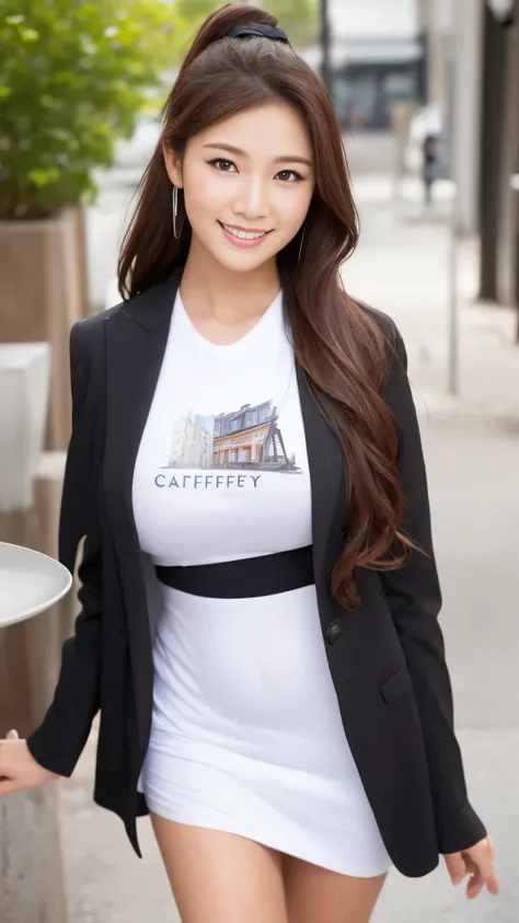 Bright outdoors、Walking around town、((​masterpiece))、((top-quality))、a picture、Realisticity、high-level image quality、Advanced depth of field、ultra-detailliert、Realistic lighting、((white tight t-shirt with new york printed on it)),black skirt))、((Close to c...