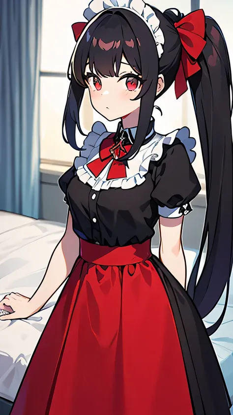 adulto, Cabello negro ondulado, mirada penetrante con ojos profundos de color rojo, estatura promedio, Silky hair with a ponytail hairstyle collected with a red bow with two white lines, tiene pechos grandes, primer plano, session, standing in the middle o...