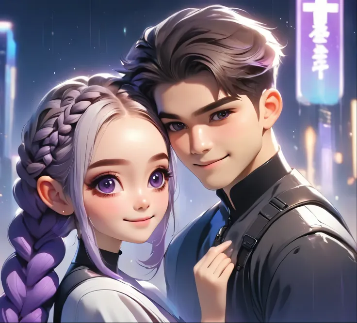 1 boy,girl with purple and white gradient double braids,romantic couple,smiling face,as thick as thieves,background blur,high qu...