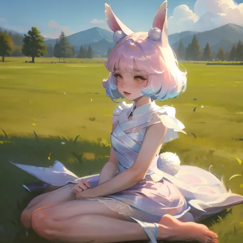 ((masterpiece, best quality)),1 girl, solitary, animal ears, rabbit, barefoot, skirt, sit, rabbit ears, short sleeve, (teasing, ...