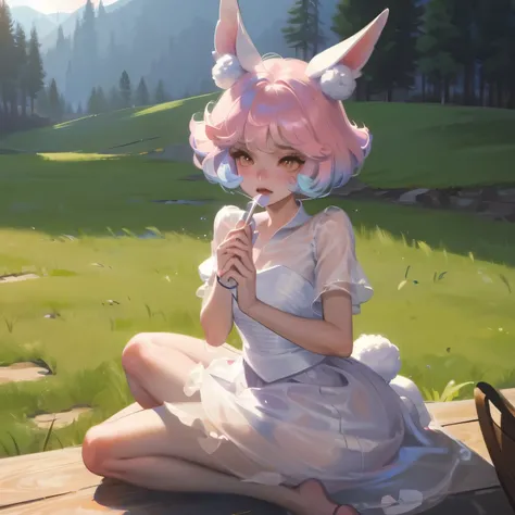 ((masterpiece, best quality)),1 girl, solitary, animal ears, rabbit, barefoot, skirt, sit, rabbit ears, short sleeve, (teasing, ...