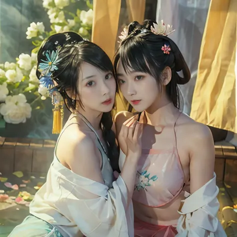 2girl,(background: flower sea),looking at viewer,photorealistic,realistic,solo,hanfu:1.5,cheongsam,outdoor:2,