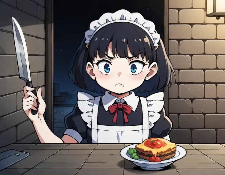 Fraction_9, Fraction_8_superior, Fraction_7_superior, Fraction_6_superior, Fraction_5_superior, sauce_Japanese Manga, 1 girl, Lonely, Black Hair, Iris, Slightly frown, Sagging under the eyes, Eye strain, , tail, Maid, whole body, With a knife, Points to vi...