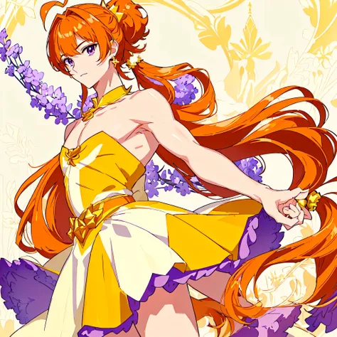 wallpaper of cartoon male characters wearing dresses、solo、orange-brown hair、half twin tail hair、purple eyes、long two-side updo w...