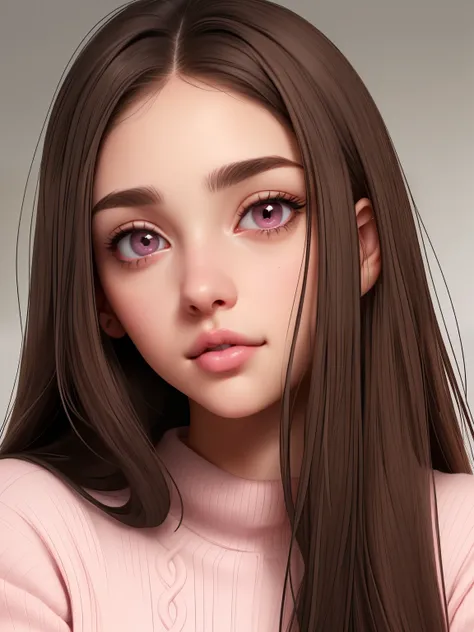 girl, long straight brown hair, dark gray eyes, soft sharp features, white skin, pink lips, beautiful, sweater