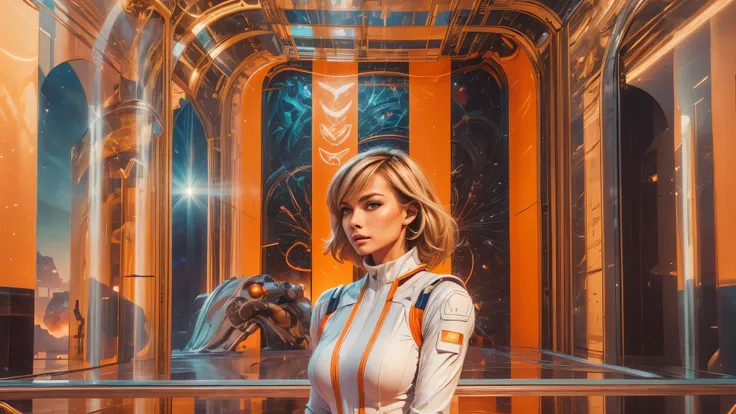 arafed image of a white woman in a futuristic suit with a spaceship in the background, movie art, in front of an orange background, inspired by Robert McGinnis, female protagonist, megastructure in the background, portrait of an ai astronaut, astronauts, a...